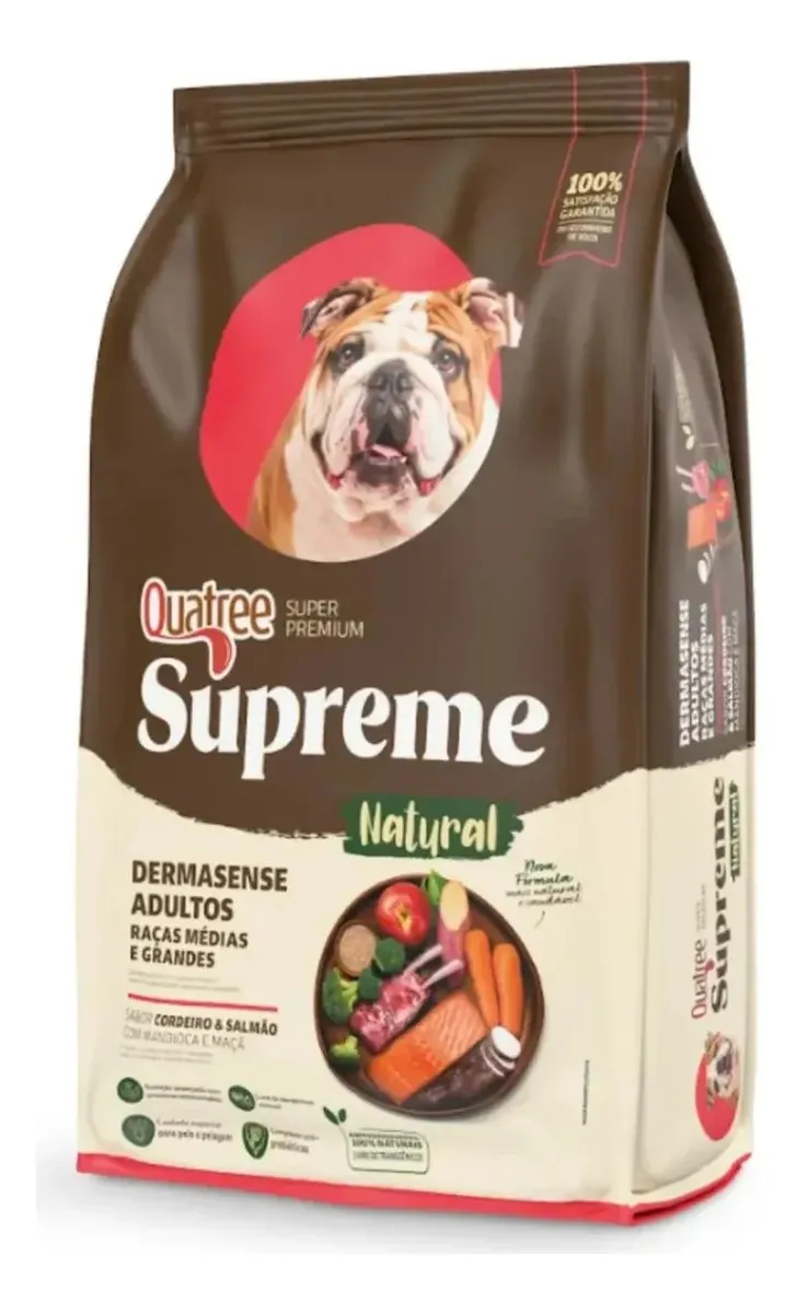 Quatree Supreme Cães Dermasense Adultos de Raças Médias e Grandes, Sabor Cordeiro e Salmão, 15 kg