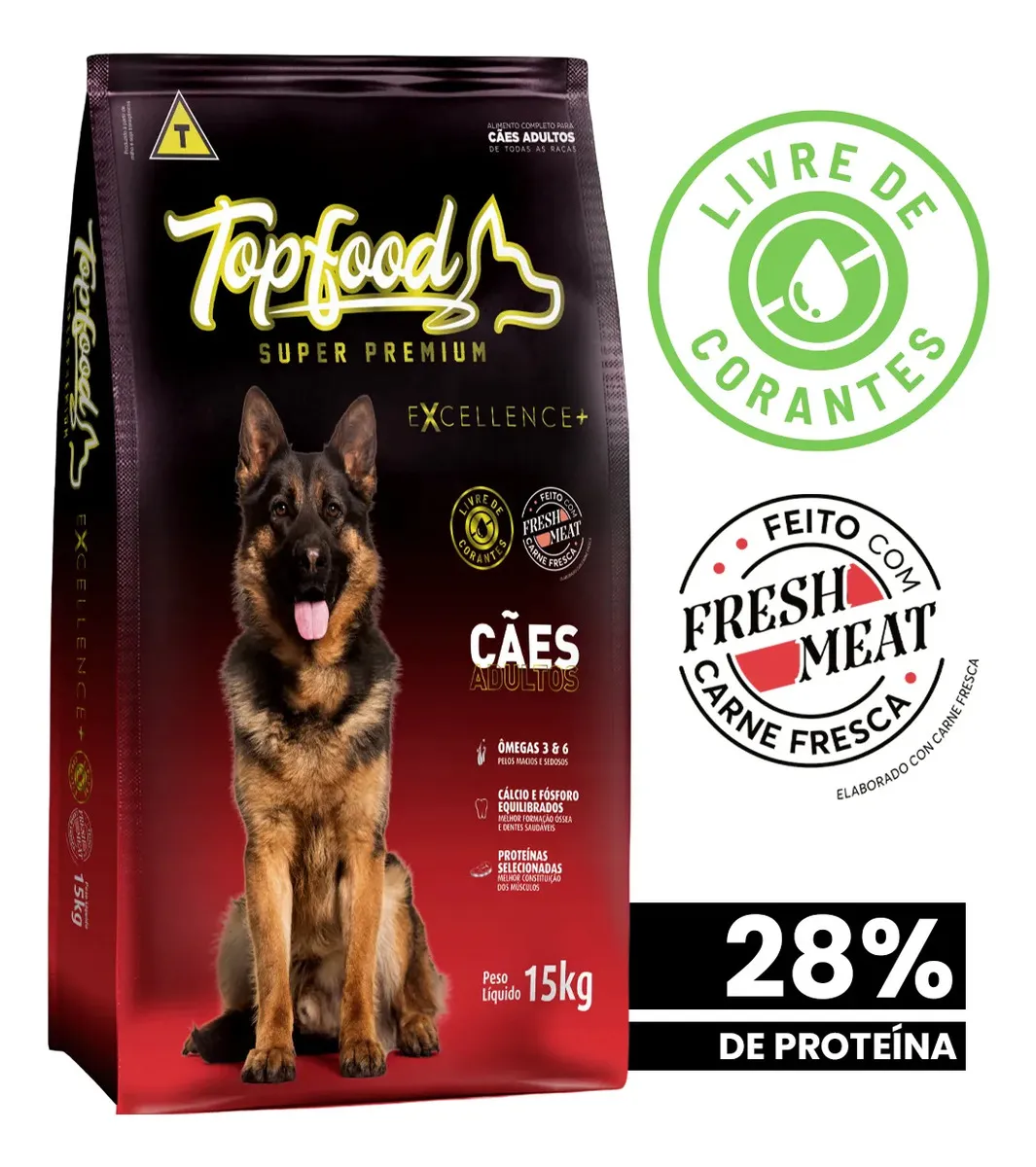 Ração Top Food Excellence 28% Proteínas Super Premium Cães Adultos Alimento sabor Carne Fresca Livre de Corantes Nutrição Completa Ômegas 3 e 6 Suplemento e Vitaminas Músculos e Pelagem Saudável 15kg